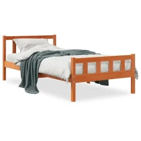 Bed frame with wax brown pine wood headboard 90x190 cm by , Beds and slatted bases - Ref: Foro24-844390, Price: 76,23 €, Disc...