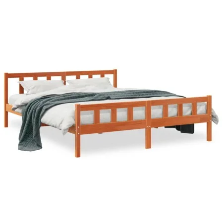 Bed frame with wax brown pine wood headboard 180x200 cm by , Beds and slatted bases - Ref: Foro24-844400, Price: 133,96 €, Di...