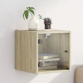 Mesita de noche con puerta de vidrio roble Sonoma 35x37x35 cm by , Nightstands - Ref: Foro24-836466, Price: 34,61 €, Discount: %