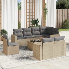 Set de sofás de jardín 9 pzas con cojines ratán sintético beige