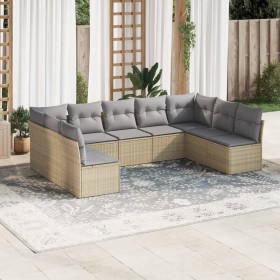 Set de sofás de jardín 9 pzas con cojines ratán sintético beige