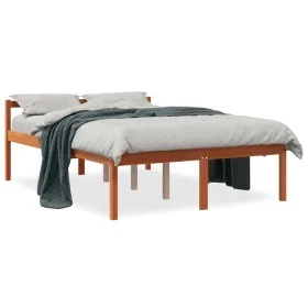 Solid pine wood bed for seniors, brown wax finish, 135x190 cm by , Beds and slatted bases - Ref: Foro24-844153, Price: 127,82...