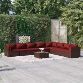 Set muebles de jardín 9 piezas y cojines ratán sintético marrón