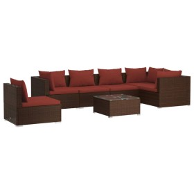 Set muebles de jardín 7 piezas y cojines ratán sintético marrón