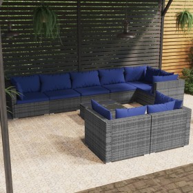 Set de muebles de jardín 9 pzas y cojines ratán sintético gris