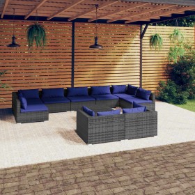 Set de muebles de jardín 10 pzas y cojines ratán sintético gris