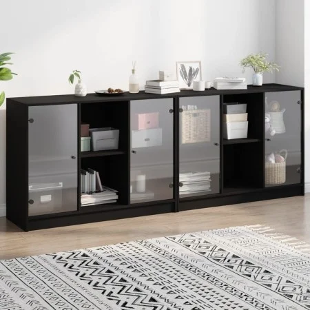 Black engineered wood shelving unit with doors 204x37x75 cm by , Bookcases and shelves - Ref: Foro24-3206532, Price: 202,95 €...