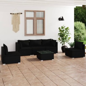 Set de muebles de jardín 6 pzas y cojines ratán sintético negro