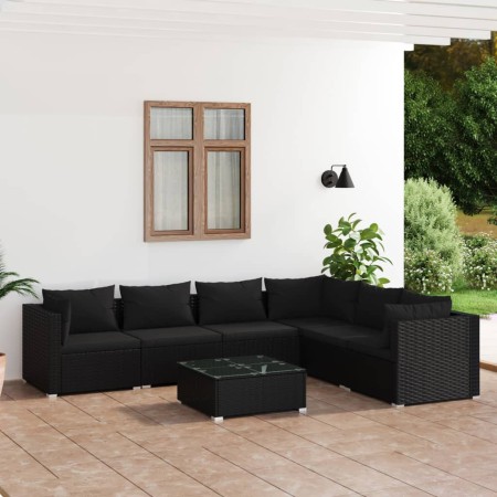 Set de muebles de jardín 7 pzas y cojines ratán sintético negro