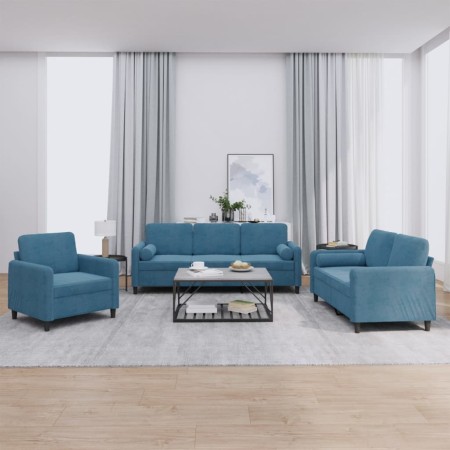 Blue velvet 3-piece sofa set with cushions by , Sofas - Ref: Foro24-3201963, Price: 762,25 €, Discount: %