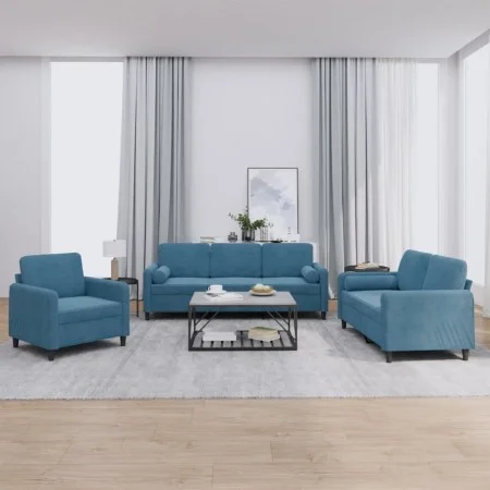 Blue velvet 3-piece sofa set with cushions by , Sofas - Ref: Foro24-3201963, Price: 746,73 €, Discount: %