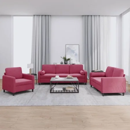 Red velvet 3-piece sofa set with cushions by , Sofas - Ref: Foro24-3201958, Price: 672,95 €, Discount: %