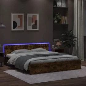 Smoked oak bed frame with headboard and LED lights 200x200cm by , Beds and slatted bases - Ref: Foro24-3207585, Price: 186,16...