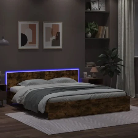 Smoked oak bed frame with headboard and LED lights 200x200cm by , Beds and slatted bases - Ref: Foro24-3207585, Price: 186,16...