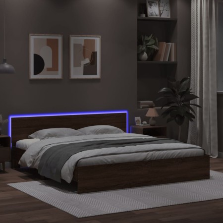 Estructura de cama cabecero y luces LED marrón roble 200x200 cm de , Camas y somieres - Ref: Foro24-3207587, Precio: 219,97 €...