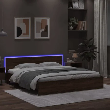 Oak brown headboard bed frame and LED lights 200x200 cm by , Beds and slatted bases - Ref: Foro24-3207587, Price: 216,29 €, D...