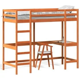 Loft bed with solid pine wood desk in brown 80x200 cm by , Beds and slatted bases - Ref: Foro24-842857, Price: 208,82 €, Disc...