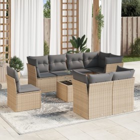 Set de sofás de jardín 9 pzas con cojines ratán sintético beige