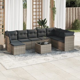 Set de muebles de jardín 9 pzas y cojines ratán sintético gris