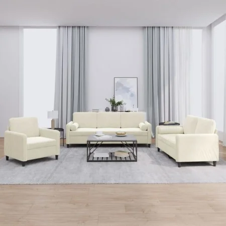 Dreiteilige Sofagarnitur aus cremefarbenem Samt mit Kissen von , Sofas - Ref: Foro24-3201962, Preis: 758,00 €, Rabatt: %