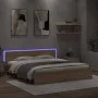 Sonoma oak bed frame with headboard and LED lights 200x200 cm by , Beds and slatted bases - Ref: Foro24-3207583, Price: 199,9...
