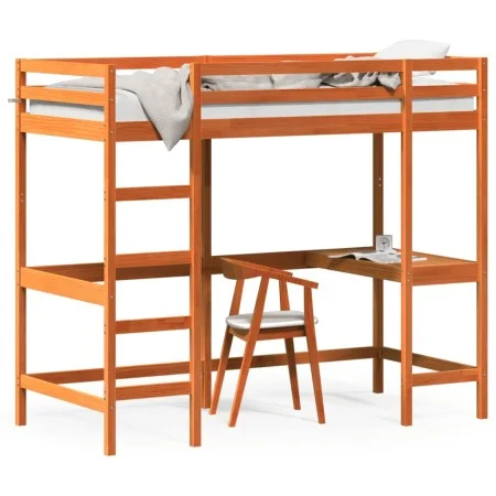Loft bed with solid pine wood desk in brown 90x200 cm by , Beds and slatted bases - Ref: Foro24-842853, Price: 275,87 €, Disc...