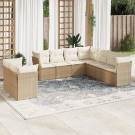 Set de sofás de jardín 9 pzas con cojines ratán sintético beige