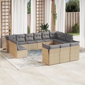 Set sofás de jardín con cojines 13 pzas ratán sintético beige