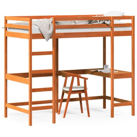 Loft bed with desk solid pine wood brown 100x200 cm by , Beds and slatted bases - Ref: Foro24-842849, Price: 227,04 €, Discou...