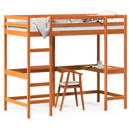 Loft bed with desk solid pine wood brown 100x200 cm by , Beds and slatted bases - Ref: Foro24-842849, Price: 224,93 €, Discou...