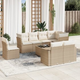 Set de sofás de jardín 9 pzas con cojines ratán sintético beige