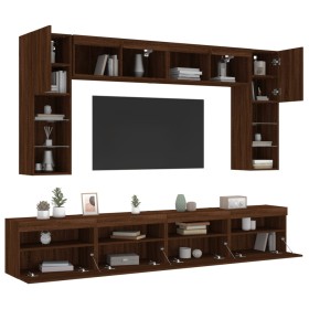Muebles de TV de pared con luces LED 8 piezas marrón roble
