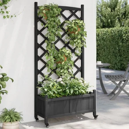 Planter with lattice and wheels made of solid black fir wood by , Pots and planters - Ref: Foro24-3207652, Price: 100,31 €, D...