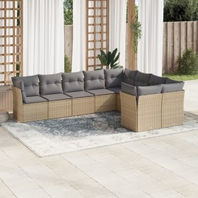 Set de sofás de jardín 9 pzas con cojines ratán sintético beige