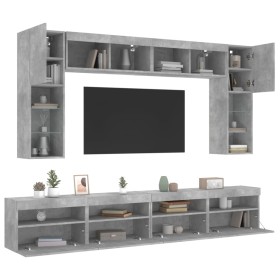 Muebles de TV de pared con luces LED 8 piezas gris hormigón