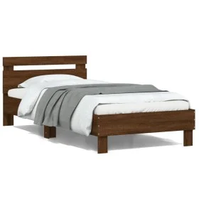 Bed frame headboard LED lights brown oak 100x200 cm by , Beds and slatted bases - Ref: Foro24-838714, Price: 121,21 €, Discou...