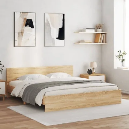 Sonoma oak bed frame with headboard 200x200 cm by , Beds and slatted bases - Ref: Foro24-3207457, Price: 190,19 €, Discount: %