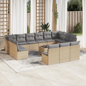 Set sofás de jardín 14 pzas con cojines ratán sintético beige