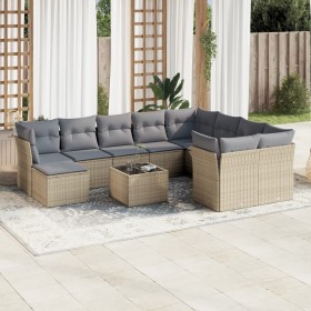 Set de sofás de jardín 11pzas con cojines ratán sintético beige