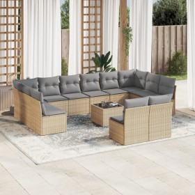 Set sofás de jardín con cojines 13 pzas ratán sintético beige