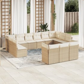 Set sofás de jardín con cojines 13 pzas ratán sintético beige