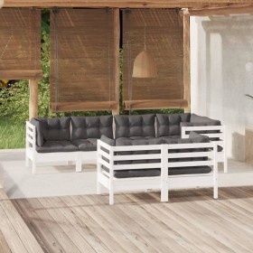 Muebles de jardín 7 pzas y cojines blanco madera maciza de pino