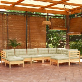 Muebles de jardín 9 pzas y cojines madera maciza de pino crema