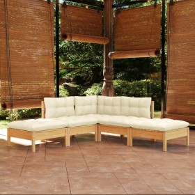 Muebles de jardín 5 piezas cojines madera de pino crema