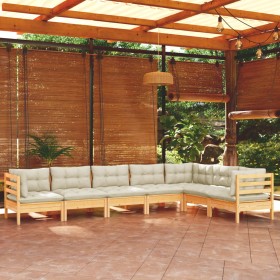 Muebles de jardín 7 pzas y cojines madera maciza de pino crema