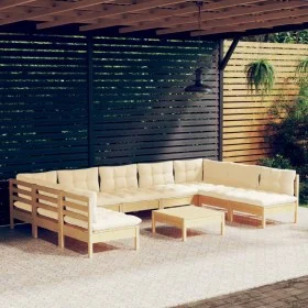Garden furniture 10 pieces and solid pine wood cream cushions by , Garden sets - Ref: Foro24-3097181, Price: 782,94 €, Discou...
