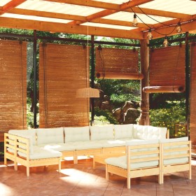 Muebles de jardín 10 pzas y cojines madera maciza de pino crema