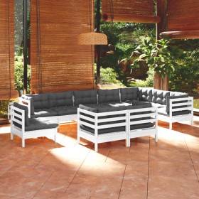 Muebles de jardín 10 pzas y cojines blanco madera maciza pino