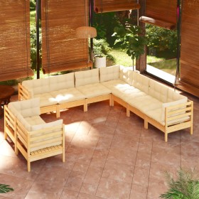 Muebles de jardín 9 pzas y cojines madera maciza de pino crema