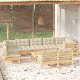 Muebles de jardín 10 pzas y cojines madera maciza de pino crema